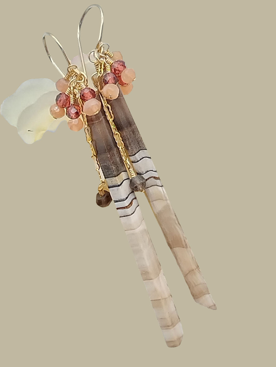 Fossil Wood Earrings, 14k Gold Filled Long Dangles, Gemstone Stick Earrings, Delicate Earrings