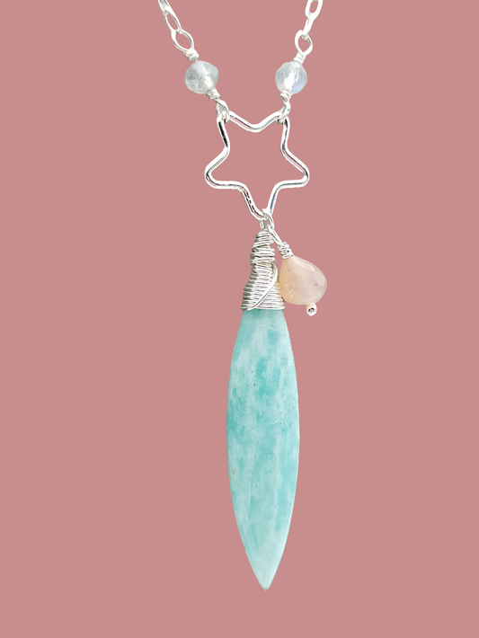 Amazonite Long Necklace, Drop Gemstone Necklace, Sterling Silver 925 Necklace