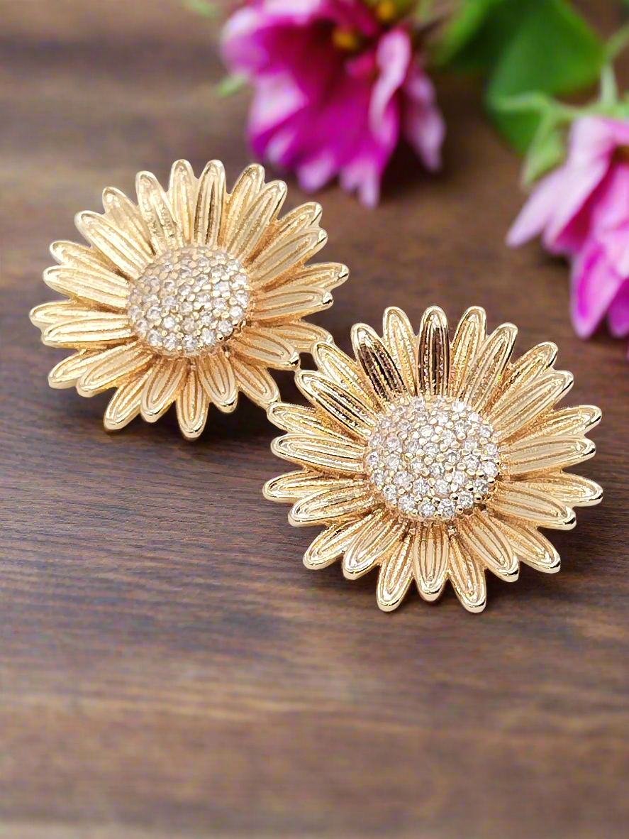 Sun Flower Earrings, Button Gold Studs, CZ sparkling, Women Jewelry, Gifts, Girls