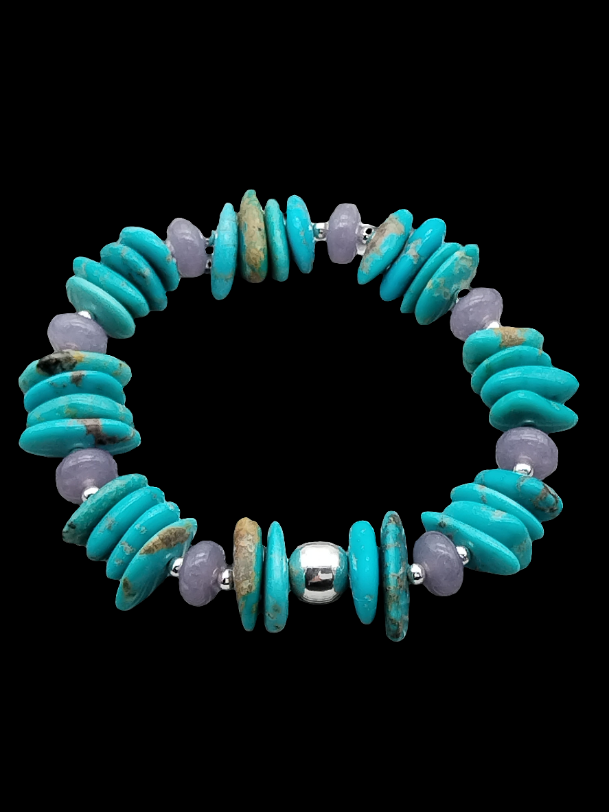 Genuine Turquoise and Lepidolite Bracelet, Stretch Sterling Silver Bracelet, Women Jewelry, Gifts for Her