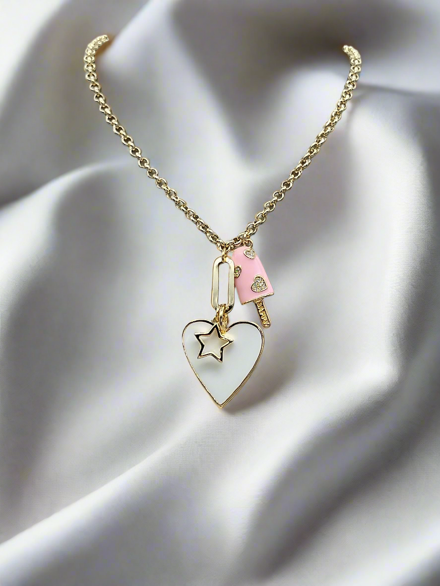 Gold Heart , Ice cream and Star charm necklace