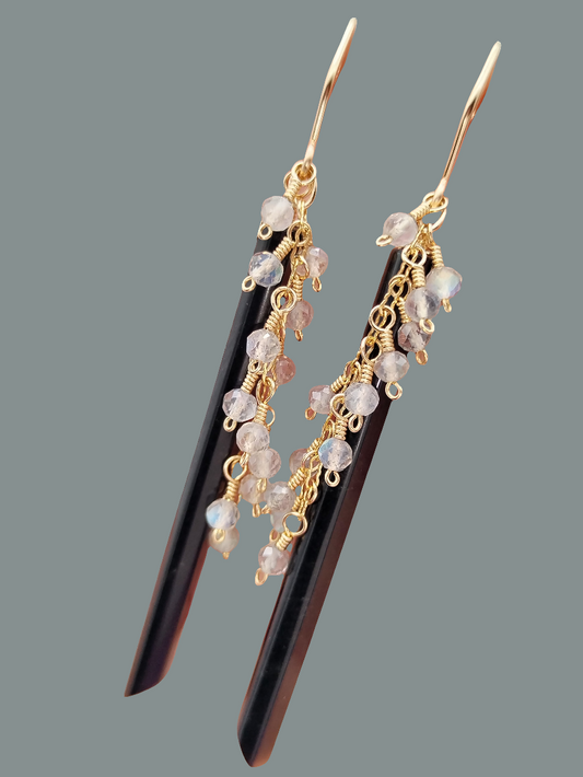 Gemstone Stick Dangle Earrings, 14k Gold filled Long Earrings, Obsidian, Labradorite & Pearls Earrings, Dainty Earrings