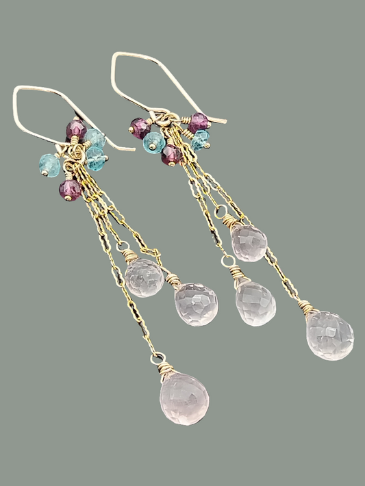 Rose Quartz Drop Dangle Chain Earrings, 14k Gold Filled