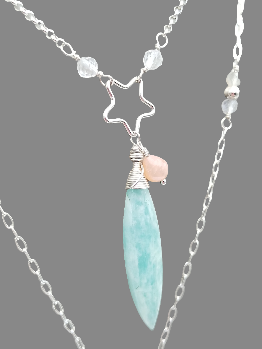 Amazonite Long Necklace, Drop Gemstone Necklace, Sterling Silver 925 Necklace