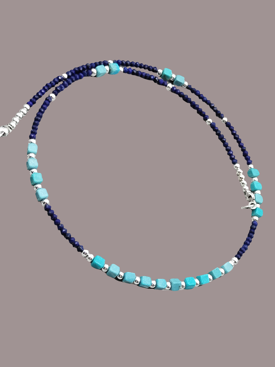 Türkis und Lapislazuli Halsband, Sterling Silber Halskette, Geschenke, Frauen, Schmuck, Edel, Boho