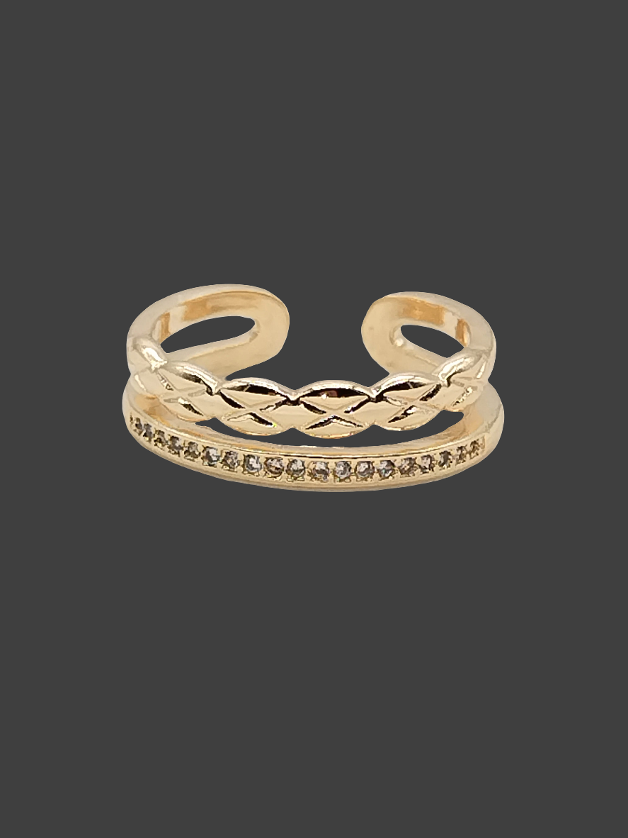 Double band Ring, 18k Gold, Cubic Zirconia, Braided, Stackable, Trending, Adjustable, Gifts, Jewelry, Women