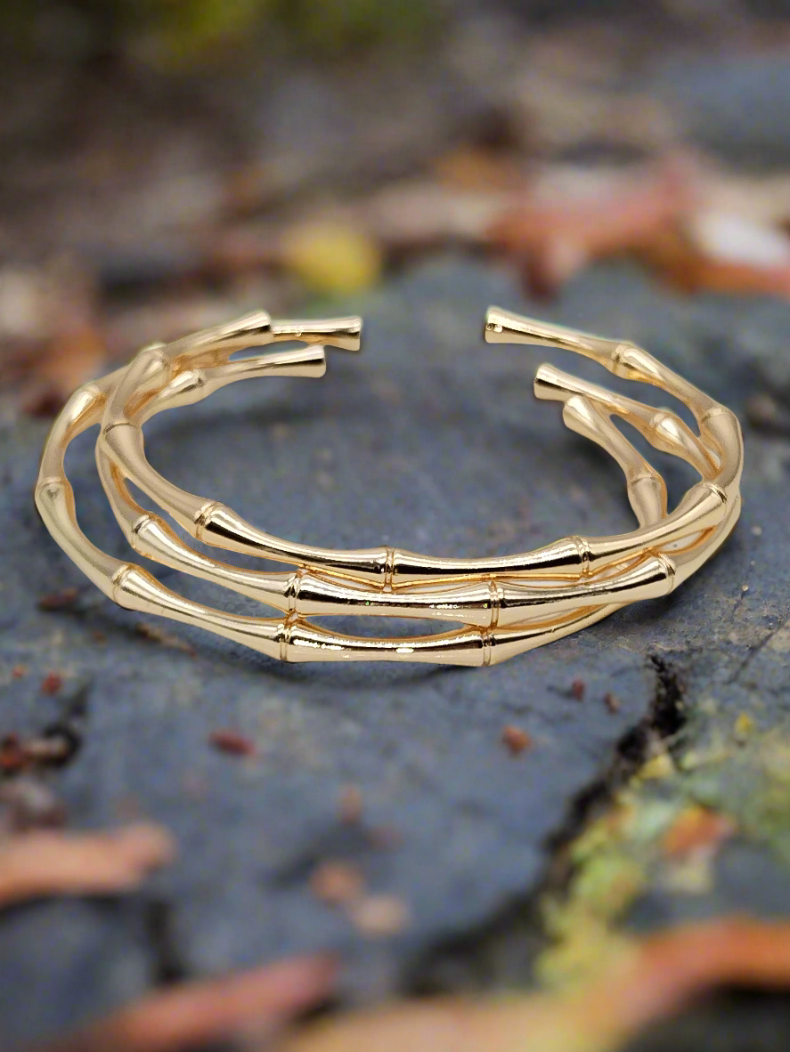 18k Gold Cuff Bracelet, Bamboo Shape, Stackable, Unique Jewelry, Gifts, Trending, Women