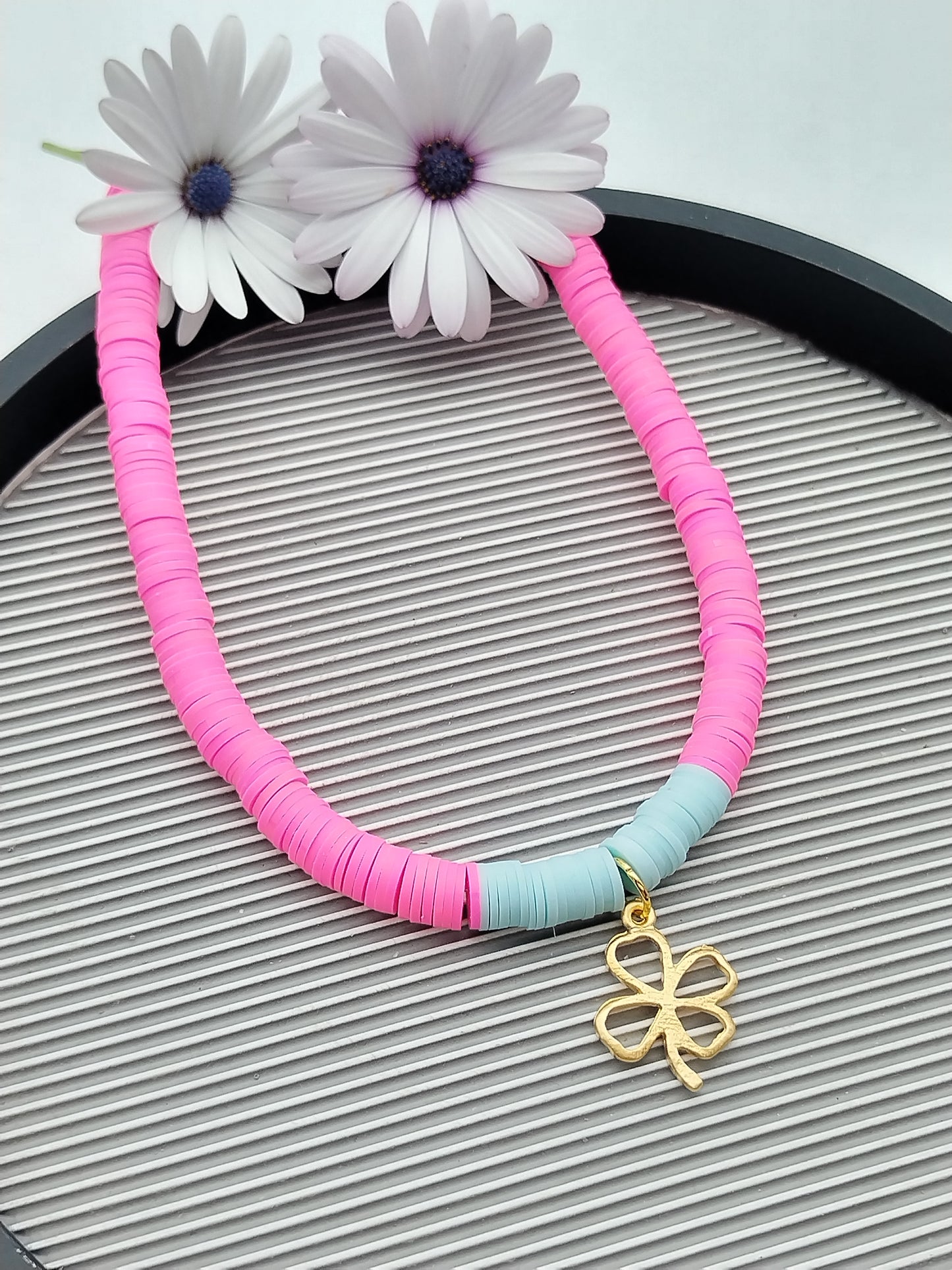 Vinyl Heishi Necklace with Matte Gold Charm. Colorful Necklace