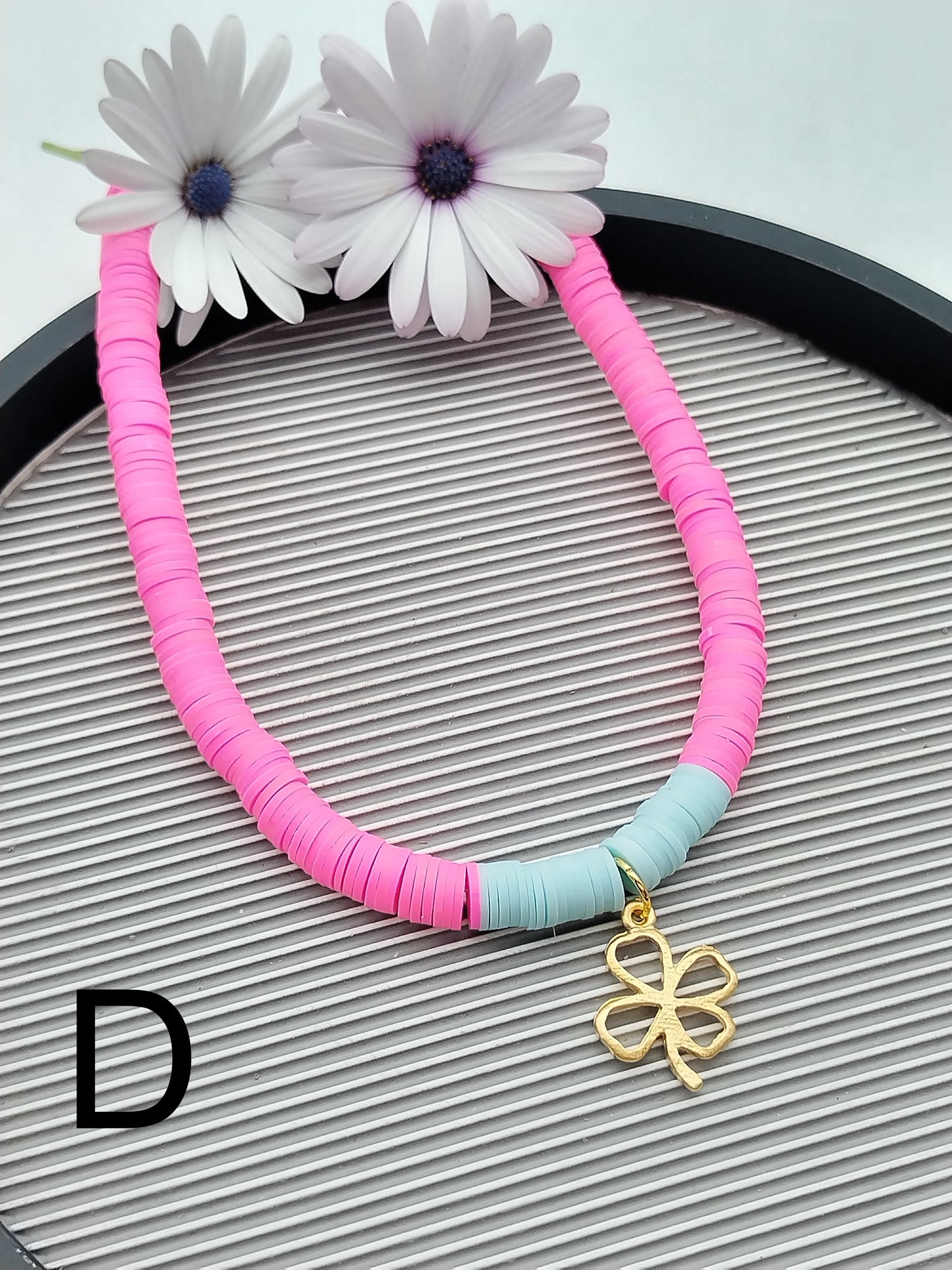 Vinyl Heishi Necklace with Matte Gold Charm. Colorful Necklace